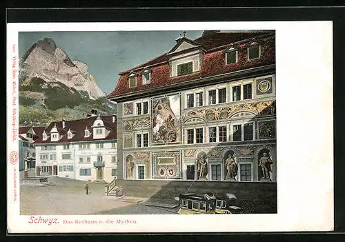 AK Schwyz, Blick auf die bemalte Fassade des Rathauses