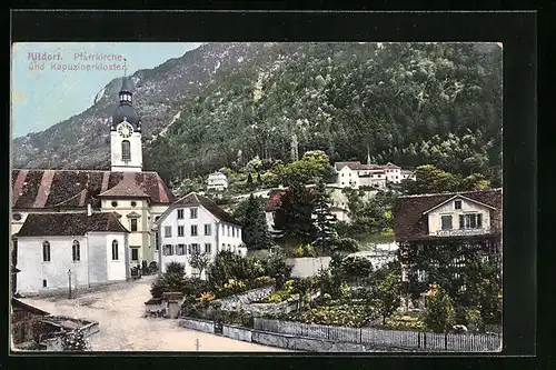 AK Altdorf, Strassenpartie mit der Pfarrkirche und Kapuzinerkloster