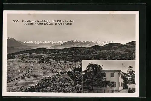 AK Walzenhausen /Appenzell, Gasthaus Meldegg mit Blick in den Alpstein und St. Galler Oberland