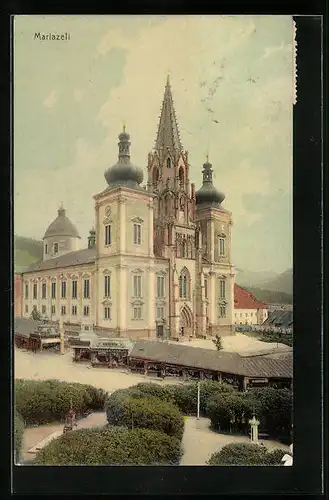 AK Mariazell, Marktstände vor der Wallfahrtskirche