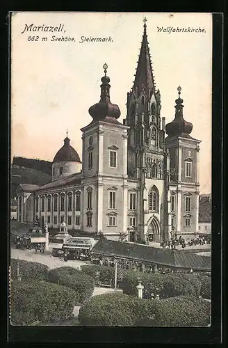 AK Mariazell, Reges Markttreiben vor der Wallfahrtskirche