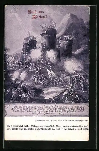 Künstler-AK Mariazell, Soldaten bei der Belagerung einer Stadt, Genesung eines verwundeten Soldaten