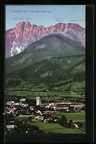 AK Admont, Ortsansicht vor Hexenturm und Natterriegel im Abendrot