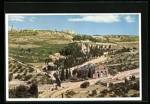 AK Jerusalem, Der Ölberg aus der Vogelschau, vorn Kirche und Garten Gethsemane