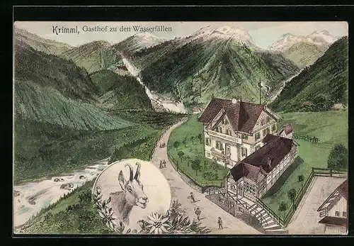 AK Krimml, Gasthof zu den Wasserfällen mit Bergpanorama