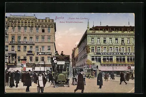 AK Berlin, Unter den Linden, Ecke Friedrichstrasse, Partie mit Victoria Cafe und Omnibus