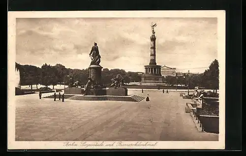 AK Berlin, Ortspartie mit Siegessäule und Bismarckdenkmal