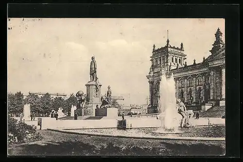 AK Berlin, Wasserspiele vor dem Reichstagsgebäude, Bismarck-Denkmal