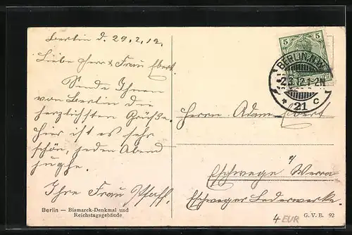 AK Berlin, Wasserspiele vor dem Reichstagsgebäude, Bismarck-Denkmal