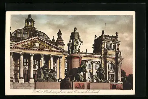 AK Berlin, Blick auf das Bismarck-Denkmal vor dem Reichstagsgebäude