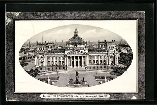 Präge-AK Berlin, Reichstagsgebäude, Bismarck-Denkmal im Passepartoutrahmen