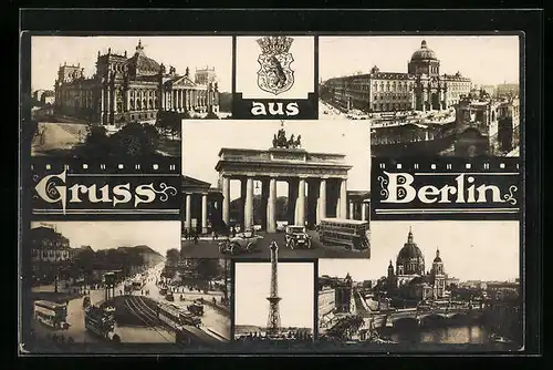 AK Berlin, Strassenpartie mit Palast-Hotel und Strassenbahn, Brandenburger Tor, Funkturm