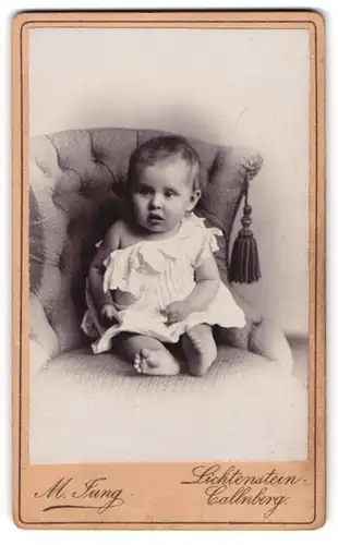 Fotografie M. Jung, Lichtenstein-Callnberg, Schulgasse 175, niedliches Kleinkind in weissem Kleidchen