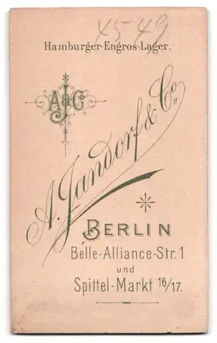 Fotografie A. Jandorff & Co, Berlin, Belle-Alliance-Strasse 1, Bub in zeitgenössischer Kleidung auf einer Bank