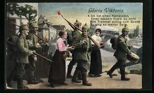 Künstler-AK Gloria Viktoria - Soldaten marschieren aus