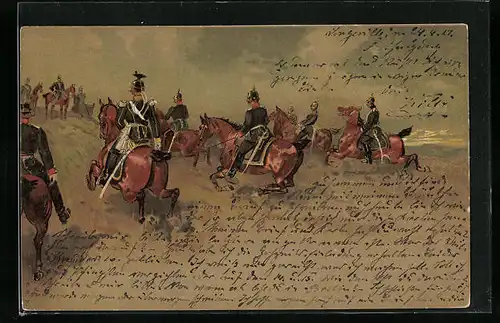 Lithographie Kavalleriesoldaten im Felde, rückseitig Präge-Emblem