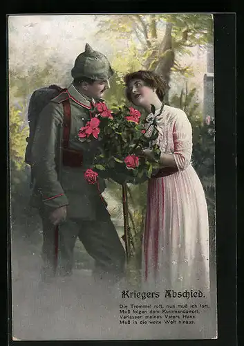 Künstler-AK Kriegers Abschied, Soldat beim Ausmarsch übergibt der Gattin einen Rosenstrauss