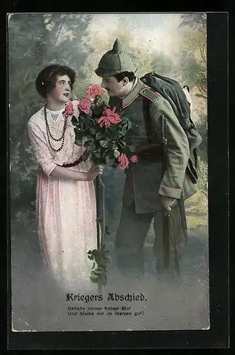 Künstler-AK Kriegers Abschied, Soldat beim Ausmarsch übergibt der Gattin einen Rosenstrauss