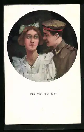 Künstler-AK Hast mich noch lieb!, Heimkehrender Soldat mit Gattin im Portrait