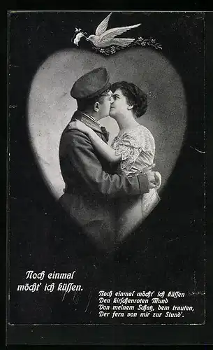 Künstler-AK Letzter Kuss zwischen einem eingezogenen Soldaten und seiner Gattin, Soldatenliebe