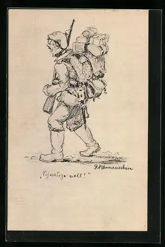 Künstler-AK Soldat der Infanterie mit Ausmarschgepäck beladen