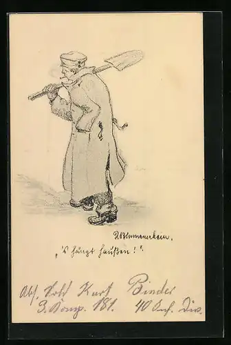 AK Soldat in Uniform mit Spaten