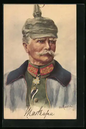 Künstler-AK Generalfeldmarschall von Mackensen in Uniform mit Pickelhaube