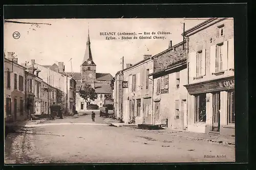 AK Buzancy, Rue du Chateau, Eglise, Statue du General Chanzy