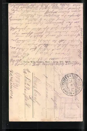 AK Rémonoville, Blick auf die zerstörte Kirche