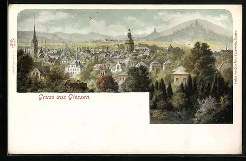 Künstler-AK Giessen, Blick über die Dächer der Stadt