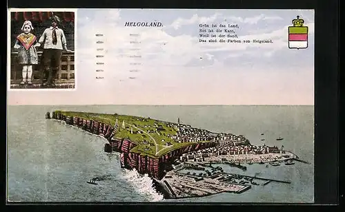 Künstler-AK Helgoland, Die Insel aus der Vogelschau, Wappen, Spruch, Kinder in Tracht