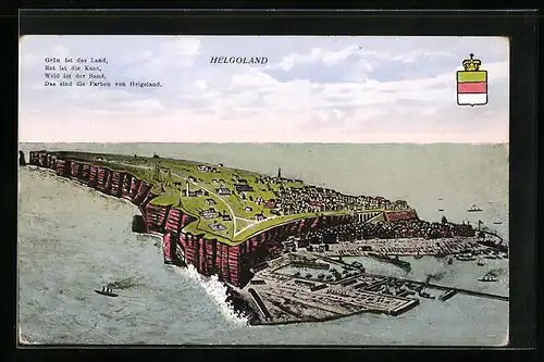 AK Helgoland, Die Insel aus der Vogelschau, Wappen, Spruch