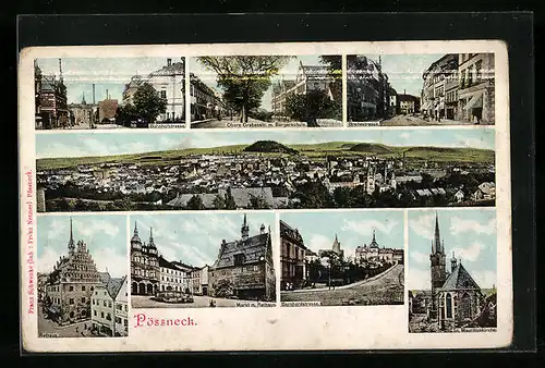 AK Pössneck, Totalansicht, Partie in der Bahnhofstrasse, Markt und Rathaus