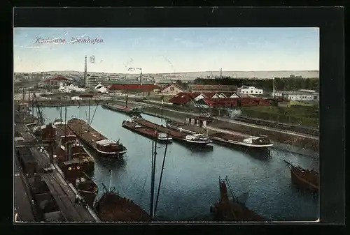 AK Karlsruhe, Blick in den Rheinhafen, Frachtschiffe