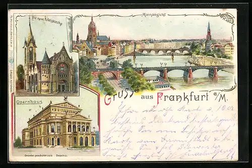 Lithographie Frankfurt a. M., Mainansicht, Opernhaus, Die neue Peterskirche