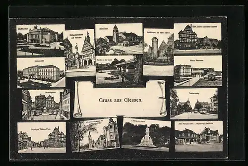 AK Giessen, Bahnhof, Neue Kaserne, Liebigdenkmal