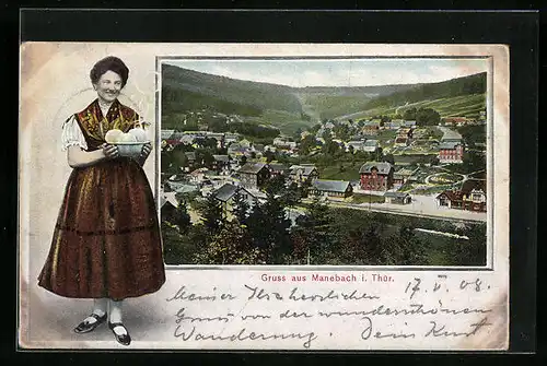AK Manebach i. Thür., Teilansicht, Frau in Tracht mit Knödeln