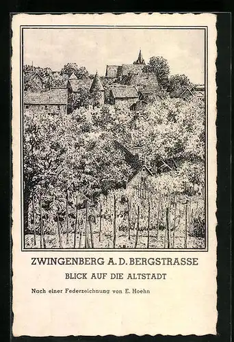 Künstler-AK Zwingenberg a. d. Bergstrasse, Blick auf die Altstadt, Federzeichnung