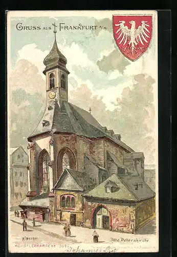 Lithographie Frankfurt a. M., Passanten vor der alten Peterskirche