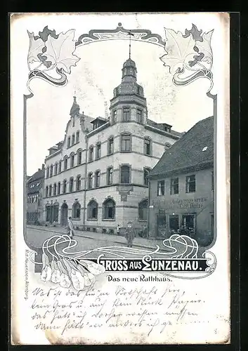 AK Lunzenau, Das neue Rathaus mit Buchbinderei u. Buchhandlung