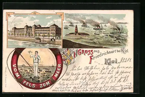 Lithographie Friedrichsort bei Kiel, Kaserne, I. Division beim Leuchtturm, Torpedoboots-Division