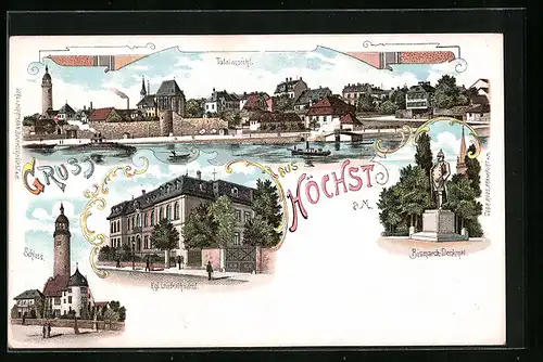 Lithographie Höchst a. M., Totalansicht, Schloss, Landrathsamt und Bismarck-Denkmal