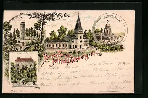 Lithographie Porta Westfalica, Hotel zur Wittekindsburg, Kapelle und Turm auf dem Wittekindsberg