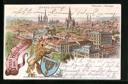 Lithographie Wiesbaden, Teilansicht aus der Vogelschau, Löwe und Wappen
