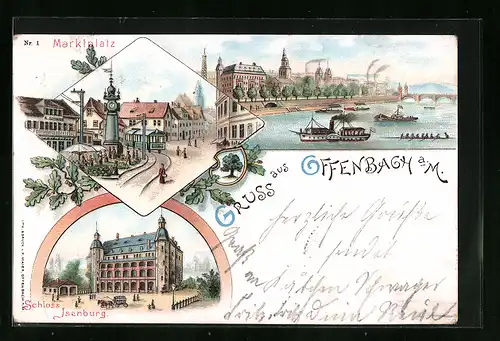 Lithographie Offenbach a. M., Marktplatz mit Strassenbahn, Mainpartie und Schloss Isenburg