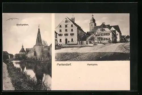 AK Merkendorf, Marktplatz mit Blick auf Kirche, Partie am Stadtgraben