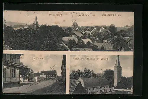 AK Bodenburg i. Br., Totalansicht, Marktplatz und Turm beim Schloss