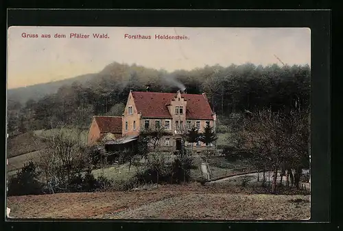 AK Edenkoben, Forsthaus Heidenstein mit Feldern der Umgebung