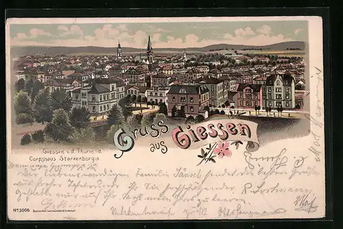 Lithographie Giessen, Ortsansicht vom Thurm des Corpshaus Starkenburgia