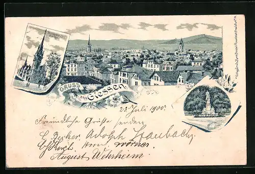 Lithographie Giessen, Teilansicht aus der Vogelschau, St. Johannis-Kirche, Denkmal